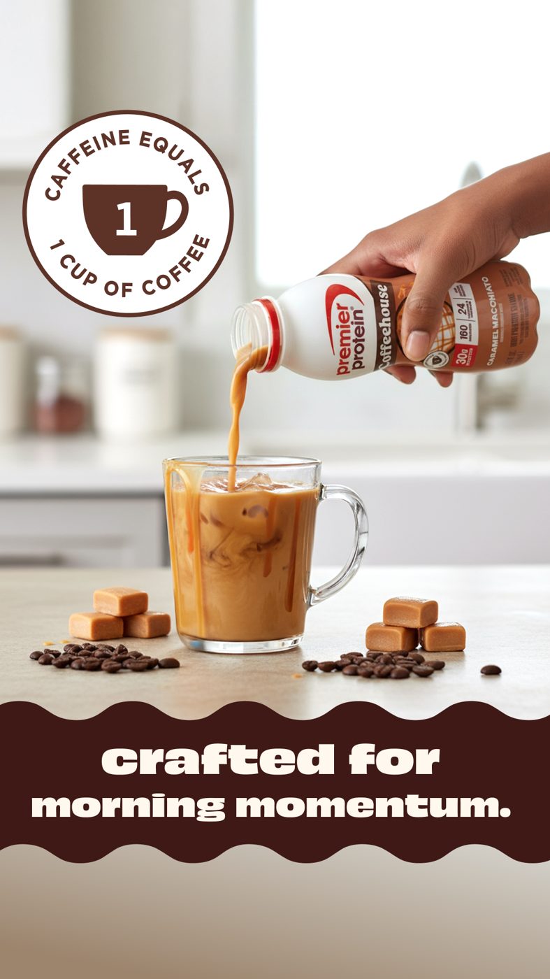 Premier Protein: “Caffeine equals 1 cup of coffee.”
