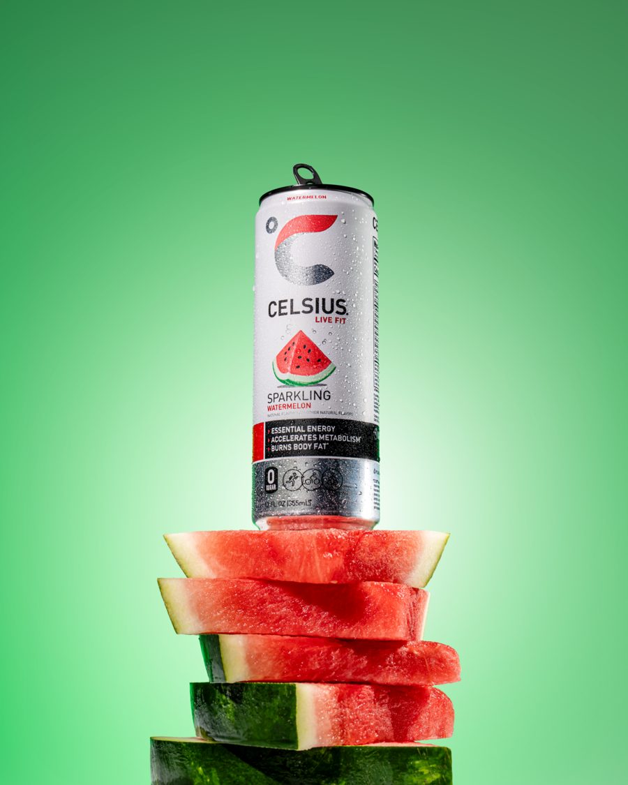CELSIUS: Watermelon, stacked under the can.